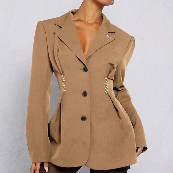 Camel Elegant Women's Pleated Flare Hem Button Up Blazer - Picture 2 of 5